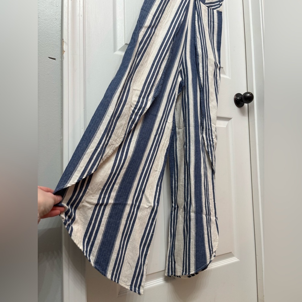 Blue Linen-Blend Striped Wide Leg Jumpsuit | Taylor & Sage S - Picture 4 of 11